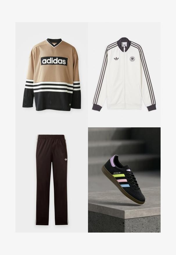 Άσπρο αθλητικό μπουφάν Adidas με μαύρες τρεις ρίγες στα μανίκια, μαύρο γιακά και μανσέτες, λογότυπο Adidas και έμβλημα της Γερμανικής ποδοσφαιρικής ομοσπονδίας.; Adidas μακρυμάνικη αθλητική μπλούζα σε μπεζ και μαύρο χρώμα με λευκές ρίγες, από πλέγμα υφάσματος, και λογότυπο Adidas στο στήθος και στο κάτω μέρος.; Μαύρο παντελόνι φόρμας Adidas με ελαστική μέση, λευκές ρίγες στα πλάγια, τσέπες με φερμουάρ και μικρό λογότυπο τριφύλλι στο αριστερό μηρό.; Μαύρο αθλητικό παπούτσι Adidas Spezial με ριγέ σε παστέλ κίτρινο, ροζ και μπλε, με ταμπελάκι στη φτέρνα σε λεβάντα και καφέ σόλα, να αιωρείται πάνω από τσιμεντένιο χείλος.