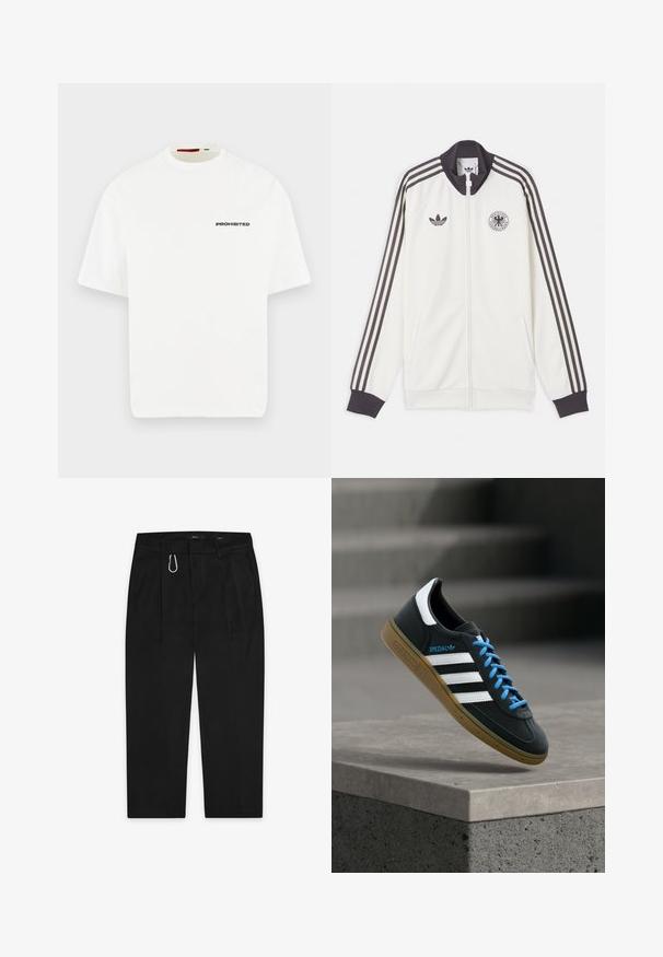 Άσπρο αθλητικό μπουφάν Adidas με μαύρες τρεις ρίγες στα μανίκια, μαύρο γιακά και μανσέτες, λογότυπο Adidas και έμβλημα της Γερμανικής ποδοσφαιρικής ομοσπονδίας.; Λευκό κοντομάνικο μπλουζάκι με στρογγυλή λαιμόκοψη και τη λέξη «PROHIBITED» τυπωμένη με μικρά μαύρα γράμματα στο αριστερό μέρος του στήθους.; Μαύρο παντελόνι με ίσια γραμμή, διαθέτοντας μεταλλικό ασημί κλιπ καραμπίνερ και δύο πλάγιες τσέπες. Κατασκευασμένο από λείο ύφασμα.; Μαύρο αθλητικό παπούτσι Adidas με λευκές ρίγες, μπλε κορδόνια και καουτσούκ σόλα να αιωρείται πάνω από γκρίζο τσιμεντένιο σκαλοπάτι σε απαλό φως.