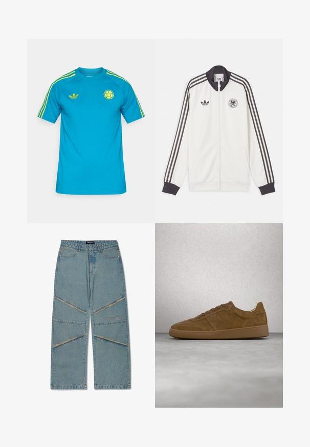 Άσπρο αθλητικό μπουφάν Adidas με μαύρες τρεις ρίγες στα μανίκια, μαύρο γιακά και μανσέτες, λογότυπο Adidas και έμβλημα της Γερμανικής ποδοσφαιρικής ομοσπονδίας.; Μπλε κοντομάνικο πουκάμισο από βαμβάκι, με κίτρινες ρίγες στους ώμους και λογότυπο στο στήθος. Στρογγυλή λαιμόκοψη με κανονική εφαρμογή.; Ανοιχτό μπλε τζιν παντελόνι με χαλαρή εφαρμογή, με διαγώνιες ραφές, φθαρμένα άκρα και ραμμένο λογότυπο μπροστά.; Καφέ σουέντ αθλητικό παπούτσι με ταμπά κορδόνια και καουτσούκ σόλα. Διαθέτει στρογγυλεμένο μύτη και ραμμένες λεπτομέρειες στο πάνω μέρος. Ελαφρύς σχεδιασμός.