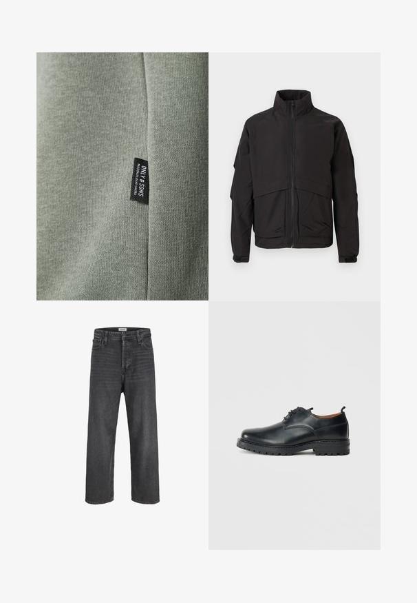 Sort jakke med høj krave, lynlås lukning og lange ærmer. Har et lagdelt design og en glat, mat tekstur.; Lys grøn stof med en glat tekstur, der har et sort mærke med teksten "ONLY & SONS." Stoffet viser fine strikkemønstre.; Sorte højtaljede jeans med lige ben, knap- og lynlås-lukning, bæltestropper samt lommer foran og bagpå.; Sorte læder derby-sko med en glat overflade, rund tå, snøre-design og en tyk, robust gummisål.