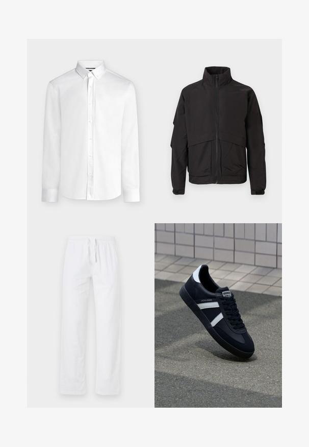 Chaqueta negra con un alto cuello, cierre de cremallera y mangas largas. Presenta un diseño en capas y una textura suave y mate.; Camisa blanca de manga larga con botones, cuello abotonado y puños estándar, mostrada sobre un fondo liso de color gris claro.; Pantalones de algodón blancos, ligeros, con cintura elástica y cordón; presentan piernas anchas y una superficie lisa y sin textura.; Zapatilla de cuero negra con rayas blancas, suela de goma texturizada y parte frontal con cordones. Cuenta con una etiqueta de marca en la lengüeta.