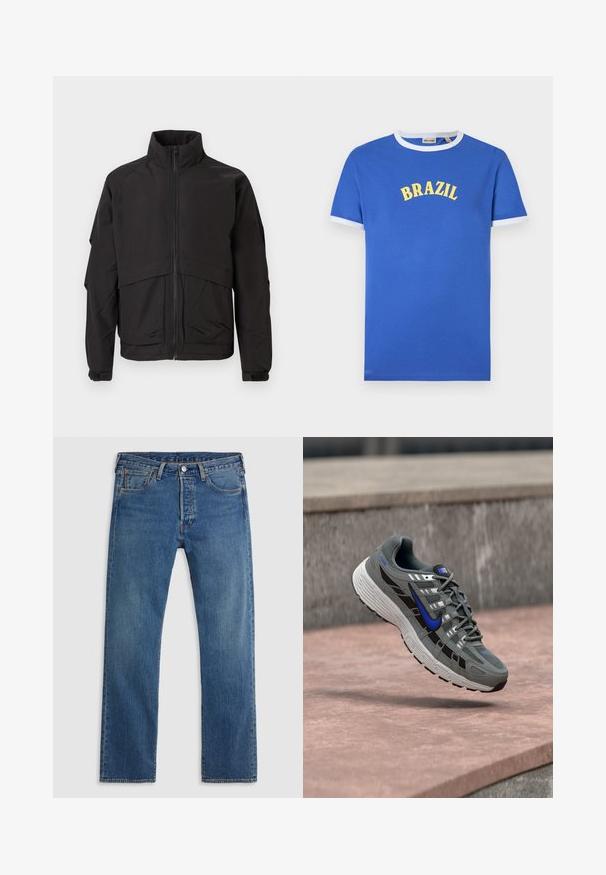 Sort jakke med høj krave, lynlås lukning og lange ærmer. Har et lagdelt design og en glat, mat tekstur.; Blå T-shirt med korte ærmer med hvid krave og ærmekanter, med gul tekst "BRAZIL" tværs over brystet.; Blå straight-leg denimjeans med fem lommer, bæltestropper og lukning med knap og lynlås foran på en ensfarvet baggrund.; Grå og sort Nike løbesko med blå swoosh og hvid sål, svævende over en stenovertflade.