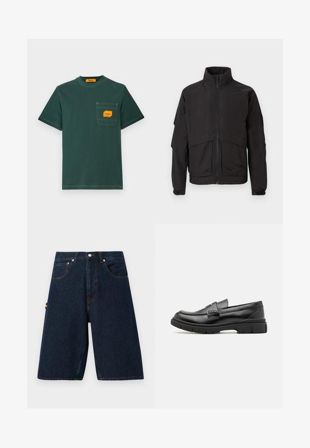 Sort jakke med høj krave, lynlås lukning og lange ærmer. Har et lagdelt design og en glat, mat tekstur.; Grøn bomuld t-shirt med rund hals, korte ærmer og en forlomma med en orange etiket. Kontrastsyning er synlig.; Mørke denimshorts med løs pasform, fem-lommer design og kontrastende orange syninger. Har en klassisk knap- og lynlåslukning.; Sort læder loafersko med en bred rem over forfoden, gummisål med tykke mønstre og glat overflade. Klassisk, slankt design.