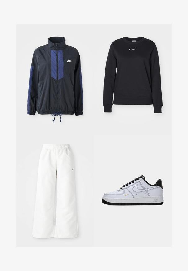 Sort jakke med marineblå detaljer, høj krave, fuld lynlås foran, elastiske manchetter og snoretræk i kanten. Nike-logo på venstre bryst. Letvægtsstof.; Sort sweatshirt lavet af bomuldsblanding, med ribbede manchetter og kant, rund halsudskæring og sølvfarvet Nike-logo på brystet.; Hvide atletiske bukser med et bredbenet design, elastisk talje og et lille sort Nike-logo på venstre side. Glat, let materiale.; Hvide lav-top Nike Air Force 1 sneakers med sort sål, sorte snørebånd, sort hæl og lille gul swoosh på siden.