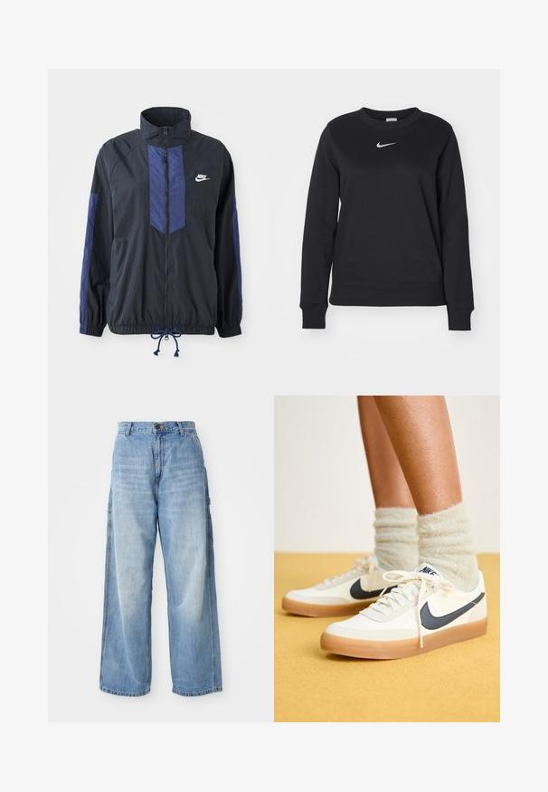 Sort jakke med marineblå detaljer, høj krave, fuld lynlås foran, elastiske manchetter og snoretræk i kanten. Nike-logo på venstre bryst. Letvægtsstof.; Sort sweatshirt lavet af bomuldsblanding, med ribbede manchetter og kant, rund halsudskæring og sølvfarvet Nike-logo på brystet.; Lysblå vidde jeans med høj talje, der har sidelommer og en falmet struktur, lavet af denim materiale.; Hvide Nike sneakers med navy swoosh, tekstureret stof, hvide snørebånd og gummisål, parret med fluffy lysegrønne sokker. Gul baggrund.