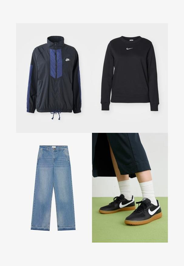 Sort jakke med marineblå detaljer, høj krave, fuld lynlås foran, elastiske manchetter og snoretræk i kanten. Nike-logo på venstre bryst. Letvægtsstof.; Sort sweatshirt lavet af bomuldsblanding, med ribbede manchetter og kant, rund halsudskæring og sølvfarvet Nike-logo på brystet.; Lyseblå højtaljede wide-leg jeans med knaplukning, frontlommer, bæltestropper og diskret falmet detaljer.; Sorte læder- og syntetiske sneakers med hvid Nike swoosh, gummisål, rund tå og sorte snørebånd. Ribbede hvide sokker synlige.
