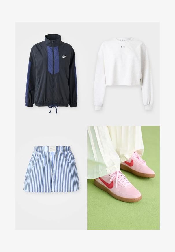 Zwarte jas met marineblauwe accenten, hoge kraag, volledige rits aan de voorkant, elastische manchetten en verstelbare zoom. Nike-logo op de linkerborst. Lichtgewicht stof.; Korte sweatshirt in lichtgrijs, gemaakt van zachte stof. Heeft een ronde hals, lange mouwen met elastische manchetten, en een zwart Nike-logo boven de borst.; Blauwe en witte gestreepte shorts met een elastische tailleband en een label met het Nike-logo. Gemaakt van lichtgewicht stof met een zachte textuur.; Roze suède sportschoenen met een rood logo en bijpassende veters. De zool is van lichtbruin rubber. Draag ze met witte geplooide broeken op een groene ondergrond.