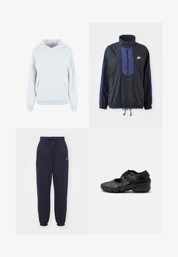 Zwarte jas met marineblauwe accenten, hoge kraag, volledige rits aan de voorkant, elastische manchetten en verstelbare zoom. Nike-logo op de linkerborst. Lichtgewicht stof.; Witte katoenen hoodie met een voorzijde buidelzak, verstelbare trekkoordkap, ribgebreide manchetten en onderrand; gladde textuur, casual ontwerp.; Nike trainingsbroeken in marineblauw, gemaakt van zacht materiaal. Voorzien van een elastische tailleband met trekkoord en aangesloten enkels. Kleine witte logo-accent.; Zwarte sportieve sandaal met gesloten neus, klittenbandriemen op de middenvoet en hiel, en een dikke gewatteerde zool met de tekst "AIR" aan de zijkant.