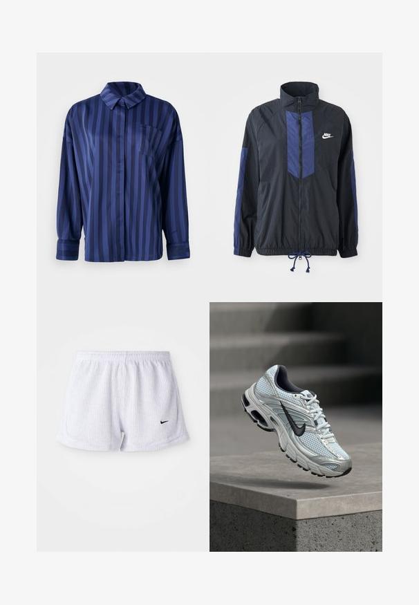 Zwarte jas met marineblauwe accenten, hoge kraag, volledige rits aan de voorkant, elastische manchetten en verstelbare zoom. Nike-logo op de linkerborst. Lichtgewicht stof.; Marineblauw gestreepte shirt met kraag, borstzak en lange mouwen. Gemaakt van een gladde, glanzende stof met een losse pasvorm.; Witte, geribbelde sportshorts met een elastische tailleband en een klein zwart Nike-logo aan de linksonderzijde. Eenvoudig, minimalistisch ontwerp.; Witte en grijze Nike hardloopschoen met zwart logo zwevend boven een betonnen richel tegen een wazige grijze achtergrond.