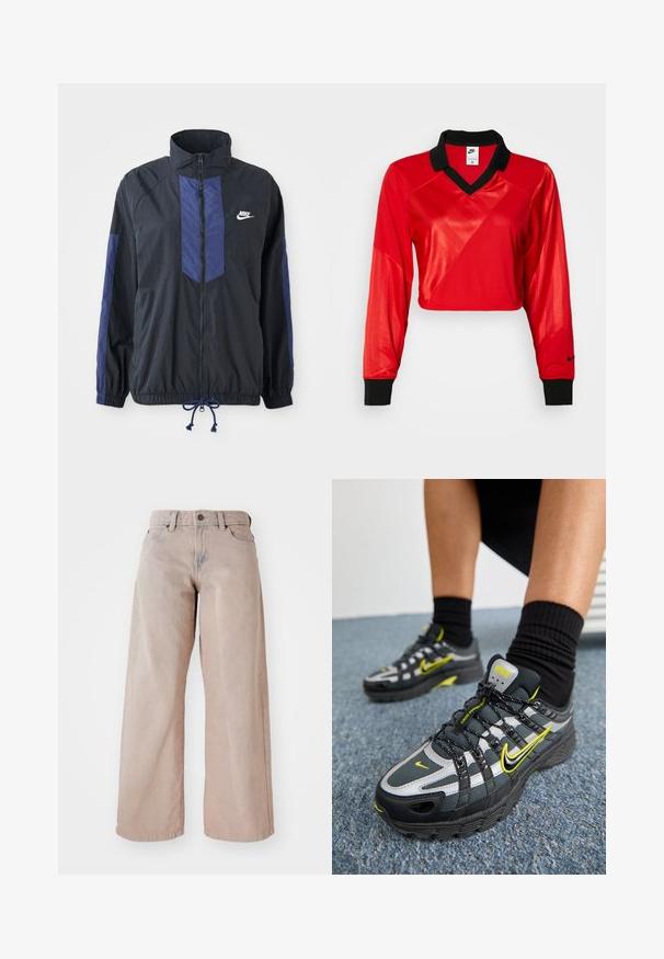 Schwarze Jacke mit marineblauen Akzenten, hohem Kragen, durchgehendem Reißverschluss, elastischen Bündchen und Kordelzugsaum. Nike-Logo auf der linken Brust. Leichtes Material.; Rotes, kurzes Sporttop mit schwarzem Kragen und langen Ärmeln, das ein strukturiertes Muster und das Nike-Logo am Ärmel zeigt. Glattes und glänzendes Material.; Beige weit geschnittene Jeans mit hohem Bund, Fünf-Taschen-Design und Knopfverschluss. Der Stoff hat eine weiche Textur und eine leichte Ausbleichung an der Vorderseite.; Schwarze und graue Sportschuhe mit reflektierenden silbernen Akzenten, strukturierten Mesh-Panels und leuchtend gelben Details. Schnürdesign mit strukturierter Sohle.