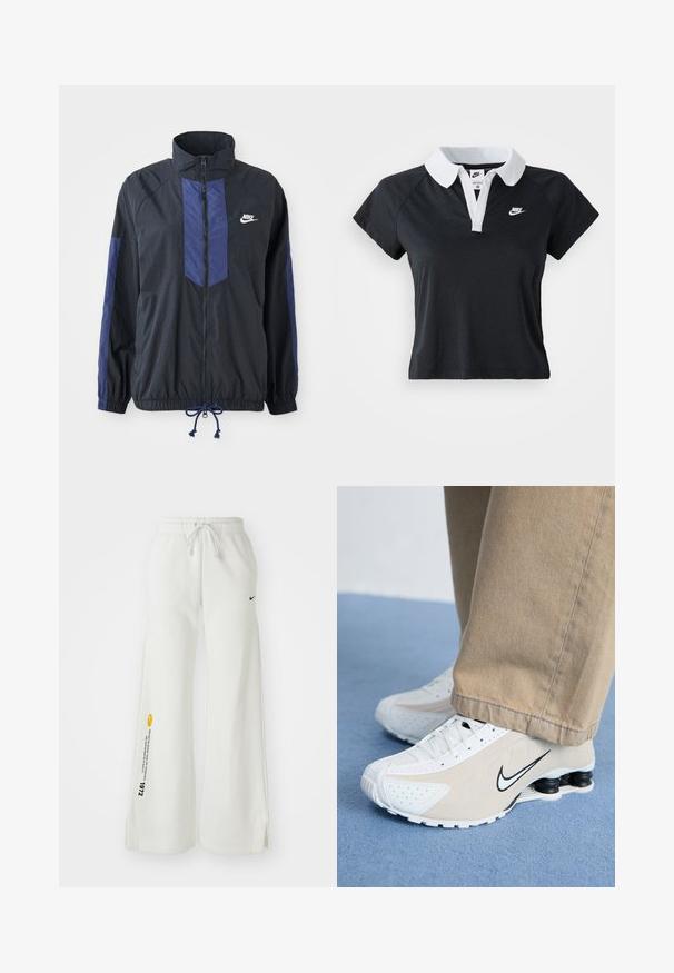 Sort jakke med marineblå detaljer, høj krave, fuld lynlås foran, elastiske manchetter og snoretræk i kanten. Nike-logo på venstre bryst. Letvægtsstof.; Sort kortærmet polo-shirt med hvid krave og en frontplacket, der har et lille hvidt Nike-logo på venstre bryst.; Hvide, brede sweatsbukser med elastisk talje, snøre, sidespalter, sort Nike-logo og kontrasterende gul grafisk tekst.; Hvide og beige Nike sneakers med perforeret design, sort swoosh-logo, tekstureret overdel og en karakteristisk fjederlignende sort hæl.