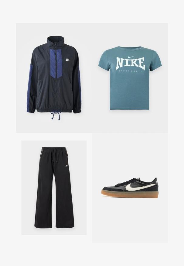 Sort jakke med marineblå detaljer, høj krave, fuld lynlås foran, elastiske manchetter og snoretræk i kanten. Nike-logo på venstre bryst. Letvægtsstof.; Kortærmet Nike t-shirt i teal med hvid "NIKE ATHLETIC DEPT." tekst og lille swoosh-logo på brystet, vist mod en ensfarvet baggrund.; Sorte sweatpants lavet af blødt stof, med en elastisk talje og snøre, sidestriber og et lille logo på venstre front.; Sort atletisk sko med en tekstureret læderoverdel, hvid swoosh-logo og en gummisål. Snørebånddesign med polstring ved kraven.