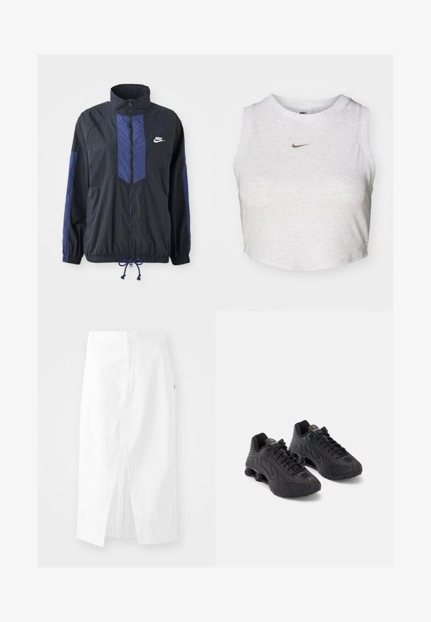 Schwarze Jacke mit marineblauen Akzenten, hohem Kragen, durchgehendem Reißverschluss, elastischen Bündchen und Kordelzugsaum. Nike-Logo auf der linken Brust. Leichtes Material.; Weißes Crop-Top aus weichem, strukturiertem Stoff. Verfügt über einen runden Ausschnitt und einen ärmellosen Schnitt mit einem kleinen goldenen Nike-Logo auf der Vorderseite.; Weißer Baumwoll-Midi-Rock mit geradem Schnitt, seitlichem Schlitz und verdecktem Reißverschluss. Glatte Textur, minimales Design und keine sichtbaren Verzierungen.; Schwarze Sportschuhe mit einem glatten synthetischen Obermaterial, strukturierten Akzenten, Schnürdesign und sichtbarer Federung im Fersenbereich.