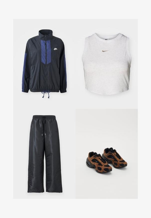 Schwarze Jacke mit marineblauen Akzenten, hohem Kragen, durchgehendem Reißverschluss, elastischen Bündchen und Kordelzugsaum. Nike-Logo auf der linken Brust. Leichtes Material.; Weißes Crop-Top aus weichem, strukturiertem Stoff. Verfügt über einen runden Ausschnitt und einen ärmellosen Schnitt mit einem kleinen goldenen Nike-Logo auf der Vorderseite.; Schwarze, weite Hosen aus glänzendem, glattem Stoff. Mit einem elastischen Bund und einem Kordelzug sowie Seitentaschen.; Braune Wildledersneaker mit schwarzem Mesh in runder Form, ausgestattet mit auffälligen Ausschnitten und einer dicken schwarzen Sohle.