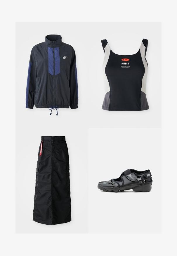 Sort jakke med marineblå detaljer, høj krave, fuld lynlås foran, elastiske manchetter og snoretræk i kanten. Nike-logo på venstre bryst. Letvægtsstof.; Sorte og grå atletisk tanktop med rund halsudskæring, smalle stropper og et centralt orange Nike-logo trykt på forsiden.; Sort lang nederdel med frontknap og lynlås, sidelommer, og et rødt "Remove Before Flight" stofmærke på taljen.; Sort Nike Air sko med velcrorem, dekoreret med små sorte blomsterudsmykninger på siden og foran.