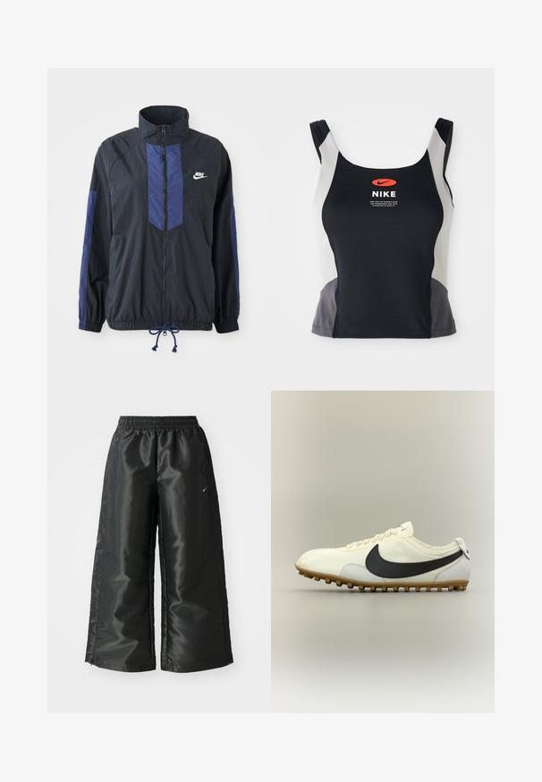 Schwarze Jacke mit marineblauen Akzenten, hohem Kragen, durchgehendem Reißverschluss, elastischen Bündchen und Kordelzugsaum. Nike-Logo auf der linken Brust. Leichtes Material.; Schwarz-graues sportliches Tanktop mit rundem Halsausschnitt, schmalen Trägern und einem zentralen orangen Nike-Logo, das auf der Vorderseite aufgedruckt ist.; Schwarze Sporthose aus glänzendem, glattem Stoff, mit einem elastischen Bund, weitem Bein und einem kleinen Logo auf der linken Seite.; Weißer flacher Sportschuh mit schwarzem Nike-Swoosh, Gummisohle und weißen Schnürsenkeln, seitlich auf neutralem Hintergrund dargestellt.