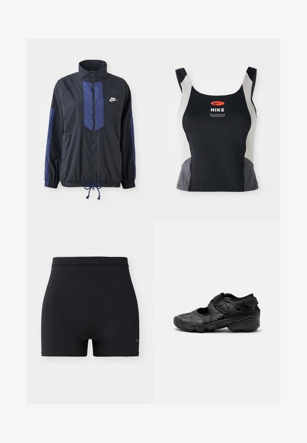 Schwarze Jacke mit marineblauen Akzenten, hohem Kragen, durchgehendem Reißverschluss, elastischen Bündchen und Kordelzugsaum. Nike-Logo auf der linken Brust. Leichtes Material.; Schwarz-graues sportliches Tanktop mit rundem Halsausschnitt, schmalen Trägern und einem zentralen orangen Nike-Logo, das auf der Vorderseite aufgedruckt ist.; Schwarze Sportshorts aus glattem, elastischem Material, mit einem mittelhohen Bund und einem kleinen Nike-Logo auf der linken Seite.; Schwarze sportliche Sandale mit geschlossenem Zehenbereich, Klettverschlüssen am Mittelfuß und an der Ferse sowie einer dicken gepolsterten Sohle mit der Aufschrift „AIR“ an der Seite.