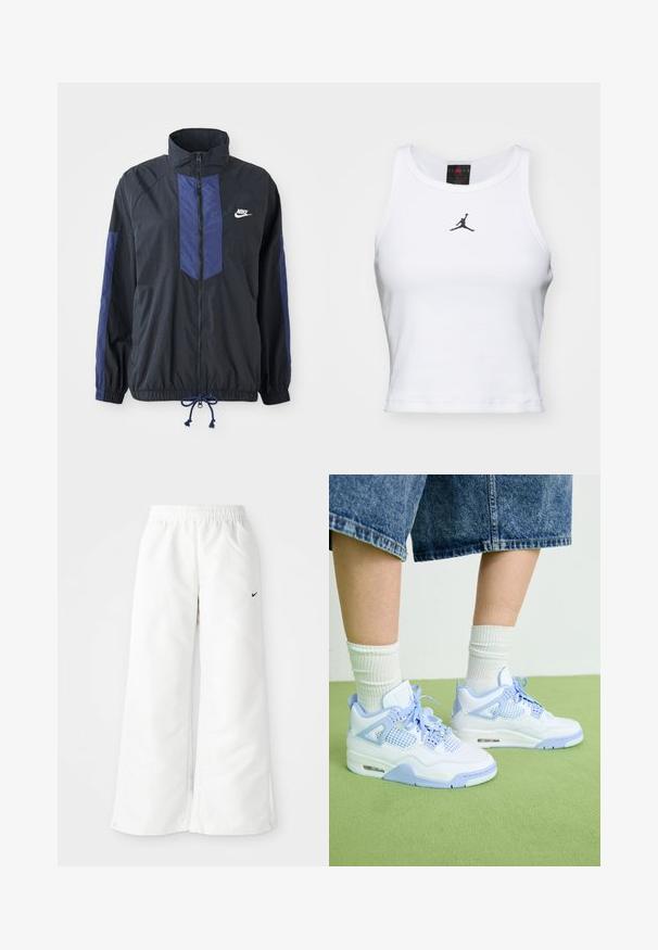 Sort jakke med marineblå detaljer, høj krave, fuld lynlås foran, elastiske manchetter og snoretræk i kanten. Nike-logo på venstre bryst. Letvægtsstof.; Hvid cropped tanktop lavet af bomuld med ribbet tekstur. Har et sort Jordan-logo i midten og en klassisk rund halsudskæring.; Hvide atletiske bukser med et bredbenet design, elastisk talje og et lille sort Nike-logo på venstre side. Glat, let materiale.; Hvide og lyseblå sneakers med mesh-detaljer, rund tå, snørebånd og en luftdæmpningsenhed, parret med hvide ribbede sokker og denimshorts.