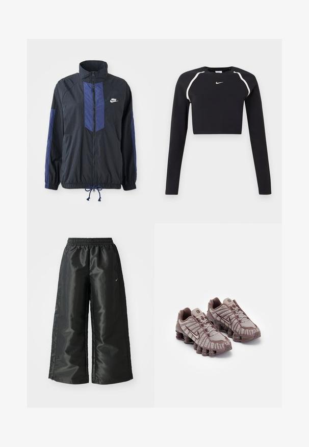 Sort jakke med marineblå detaljer, høj krave, fuld lynlås foran, elastiske manchetter og snoretræk i kanten. Nike-logo på venstre bryst. Letvægtsstof.; Sort langærmet cropped sports top med hvide buede skulderstriber og lille hvid Nike swoosh-logo i midten af brystet.; Sorte sportsbukser i et blankt, glat stof med en elastisk talje, brede ben og et lille logo på venstre side.; Nike Sportswear SHOX TL - Sneakers - pumice/night maroon/plum eclipse
