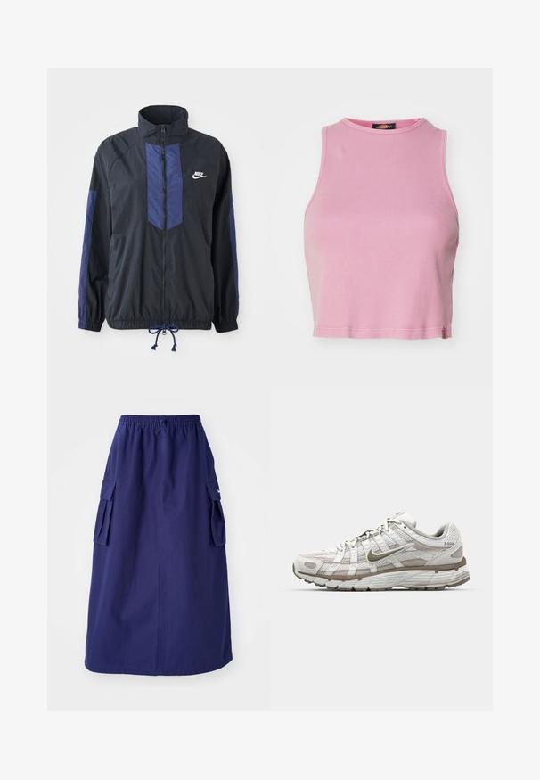 Sort jakke med marineblå detaljer, høj krave, fuld lynlås foran, elastiske manchetter og snoretræk i kanten. Nike-logo på venstre bryst. Letvægtsstof.; Rosa ribbet crop top med rund halsudskæring og ærmeløs design. Har en kant, der slutter lige over taljen.; Marineblå, mellemlang nederdel med elastisk talje, der har to sidelommer og et minimalistisk logodesign. Glat stofstruktur.; Hvid atletisk sko med mesh-overdel, lysebrune detaljer og en polstret sål. Har snørrelukning og tekst på siden.