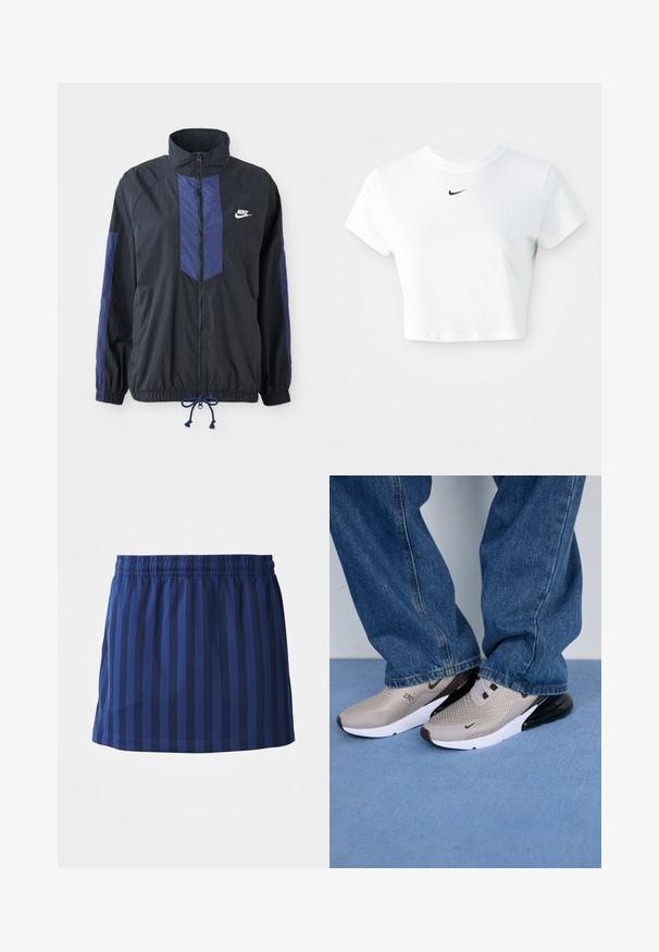 Sort jakke med marineblå detaljer, høj krave, fuld lynlås foran, elastiske manchetter og snoretræk i kanten. Nike-logo på venstre bryst. Letvægtsstof.; Hvid kortærmet t-shirt lavet af bomuld, med korte ærmer og rund halsudskæring, og med et sort Nike-logo på brystet.; Mørkeblå nederdel med lodrette striber, elastisk talje, længde til midten af låret, lavet af letvægtsstof, glat tekstur.; Grå sneakers med mesh-overdel, sorte accenter og hvid sål. Båret med løse blå denim jeans, der delvist dækker kanten af skoene.