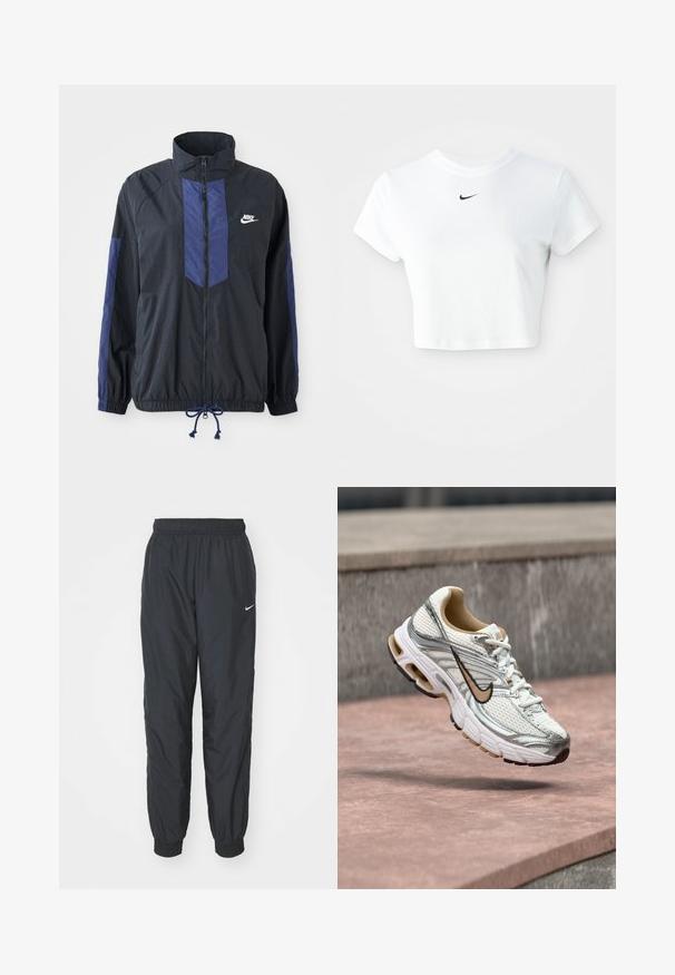 Schwarze Jacke mit marineblauen Akzenten, hohem Kragen, durchgehendem Reißverschluss, elastischen Bündchen und Kordelzugsaum. Nike-Logo auf der linken Brust. Leichtes Material.; Weißes, kurz geschnittenes T-Shirt aus Baumwolle mit kurzen Ärmeln und rundem Ausschnitt, versehen mit einem schwarzen Nike-Logo auf der Brust.; Schwarze Nike Jogginghosen aus leichtem Material, mit elastischem Bund und Bündchen, versehen mit einem kleinen weißen Logo am linken Bein.; Weißer und silberner Nike Laufschuh mit beigem Swoosh-Logo, gezeigt schwebend über einer Steinoberfläche mit verschwommenem grauem Wandhintergrund.