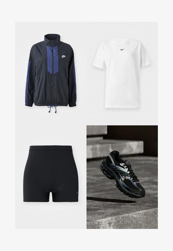Schwarze Jacke mit marineblauen Akzenten, hohem Kragen, durchgehendem Reißverschluss, elastischen Bündchen und Kordelzugsaum. Nike-Logo auf der linken Brust. Leichtes Material.; Weißes T-Shirt mit kurzen Ärmeln und Rundhalsausschnitt, mit einem kleinen schwarzen Nike Swoosh-Logo zentriert nahe dem Kragen.; Schwarze Sportshorts aus glattem, elastischem Material, mit einem mittelhohen Bund und einem kleinen Nike-Logo auf der linken Seite.; Schwarzer und silberner Nike Laufschuh, der über Betontreppen schwebt und im Außenbereich detailliertes Design und strukturierte Sohle zeigt.