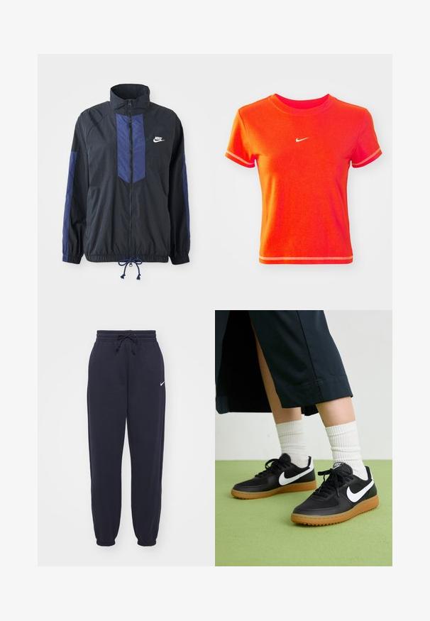 Sort jakke med marineblå detaljer, høj krave, fuld lynlås foran, elastiske manchetter og snoretræk i kanten. Nike-logo på venstre bryst. Letvægtsstof.; Rød cropped T-shirt lavet af bomuld, med en ribbet crew neck og korte ærmer. Viser et lille hvidt Nike-logo på fronten.; Nike joggingbukser i navyblå, lavet af blødt materiale. Har en elastisk talje med snor og manchetter ved anklerne. Lille hvidt logo accenter.; Sorte læder- og syntetiske sneakers med hvid Nike swoosh, gummisål, rund tå og sorte snørebånd. Ribbede hvide sokker synlige.