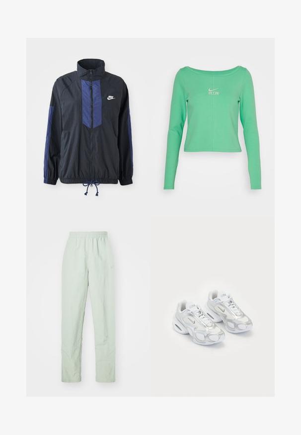 Zwarte jas met marineblauwe accenten, hoge kraag, volledige rits aan de voorkant, elastische manchetten en verstelbare zoom. Nike-logo op de linkerborst. Lichtgewicht stof.; Langsleeve, cropped shirt in mintgroen van glad katoen, met een ronde halslijn en een wit Nike Air-logo op de borst.; Lichtgroene, lichte broek met een elastische tailleband. Recht gesneden ontwerp, met minimale textuur en een subtiele logodetail.; Witte sportieve schoenen met een bovenwerk van mesh en zilveren accenten, in een unieke vorm en met luchtkussen in de hiel. Gespannen ontwerp met logo.