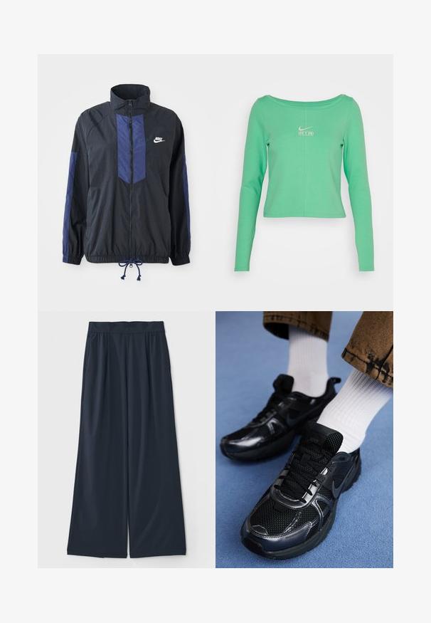 Sort jakke med marineblå detaljer, høj krave, fuld lynlås foran, elastiske manchetter og snoretræk i kanten. Nike-logo på venstre bryst. Letvægtsstof.; Langærmet, cropped mintgrøn skjorte lavet af glat bomuld, med rund halsudskæring og et hvidt Nike Air-logo på brystet.; Mørkeblå, vide bukser i blødt stof; har en elastisk talje og to sidelommer for bekvemmelighed.; Sorte Nike-sneakers med mesh og syntetisk materiale, der har en struktureret overdel, sorte snørebånd og holdbare gummisåler. Hvide ribstrikkede sokker er synlige.