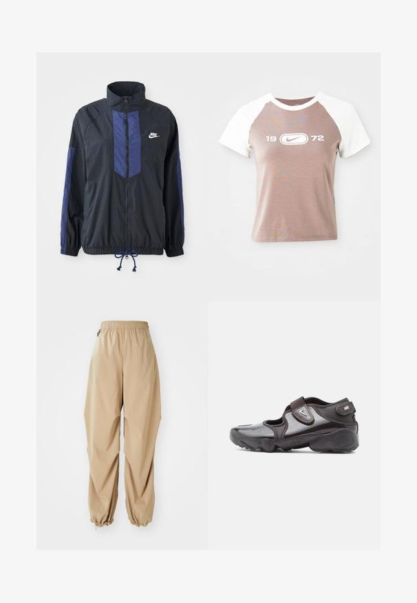 Sort jakke med marineblå detaljer, høj krave, fuld lynlås foran, elastiske manchetter og snoretræk i kanten. Nike-logo på venstre bryst. Letvægtsstof.; Kortærmet t-shirt med en lys brun krop og hvide raglanærmer, med et stort hvidt grafisk logo og årstallet "1972" centreret foran.; Beige letvægtsbukser med elastisk talje, tapered manchetter og en glat tekstur, der har en afslappet pasform og ingen synlige mønstre eller udsmykninger.; Mørkebrune sportssko med en blank finish, velcrolukning, rundet tå og en tekstureret sål med polstrede designelementer.