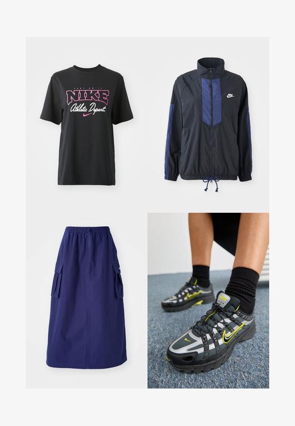 Sort jakke med marineblå detaljer, høj krave, fuld lynlås foran, elastiske manchetter og snoretræk i kanten. Nike-logo på venstre bryst. Letvægtsstof.; Sort bomulds T-shirt med grafisk print i pink og hvid med teksten "JUST DO IT," "NIKE," og "Athletic Depart." Standard pasform.; Marineblå, mellemlang nederdel med elastisk talje, der har to sidelommer og et minimalistisk logodesign. Glat stofstruktur.; Sorte og grå atletiske sko med refleksive sølvdetaljer, teksturerede mesh-paneler og lysegule detaljer. Snørebåndsdesign med struktureret sål.