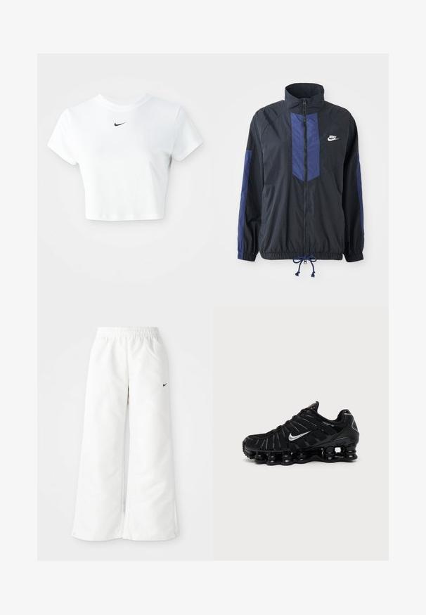 Schwarze Jacke mit marineblauen Akzenten, hohem Kragen, durchgehendem Reißverschluss, elastischen Bündchen und Kordelzugsaum. Nike-Logo auf der linken Brust. Leichtes Material.; Weißes, kurz geschnittenes T-Shirt aus Baumwolle mit kurzen Ärmeln und rundem Ausschnitt, versehen mit einem schwarzen Nike-Logo auf der Brust.; Weiße Sporthose mit weitem Bein, elastischem Bund und kleinem schwarzen Nike-Logo auf der linken Seite. Glattes, leichtes Material.; Schwarzer Nike Sportschuh mit silbernem Swoosh-Logo, Mesh- und synthetischem Obermaterial und einer markanten segmentierten gepolsterten Sohle.