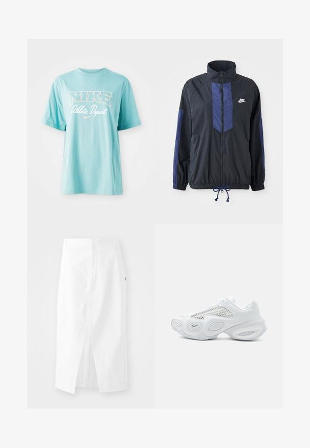 Sort jakke med marineblå detaljer, høj krave, fuld lynlås foran, elastiske manchetter og snoretræk i kanten. Nike-logo på venstre bryst. Letvægtsstof.; Lyseblå bomulds T-shirt med korte ærmer og rund halsudskæring. Har "NIKE" logo og tekst i hvid og ferskenfarvet print.; Hvid midi-skjørt i bomuld med lige snit, sideslids og skjult lynlås. Glat tekstur, minimalistisk design og ingen synlige udsmykninger.; Hvid atletiksneaker med mesh-paneler, rundet såldesign og lille Nike-logo nær tåen på en ensfarvet lys baggrund.