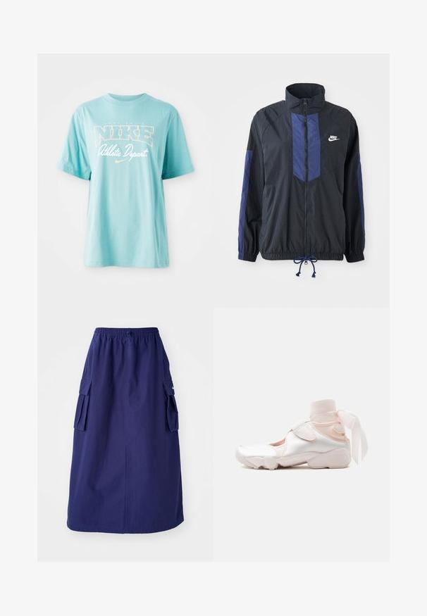 Sort jakke med marineblå detaljer, høj krave, fuld lynlås foran, elastiske manchetter og snoretræk i kanten. Nike-logo på venstre bryst. Letvægtsstof.; Lyseblå bomulds T-shirt med korte ærmer og rund halsudskæring. Har "NIKE" logo og tekst i hvid og ferskenfarvet print.; Marineblå, mellemlang nederdel med elastisk talje, der har to sidelommer og et minimalistisk logodesign. Glat stofstruktur.; Hvid og lyserød sneaker med blødt stofankelomslag bundet i en sløjfe, med justerbar rem og rundet sål.