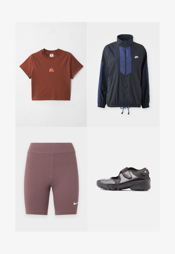 Sort jakke med marineblå detaljer, høj krave, fuld lynlås foran, elastiske manchetter og snoretræk i kanten. Nike-logo på venstre bryst. Letvægtsstof.; Brun bomulds T-shirt med kort ærme, som har et lille orange broderet logo på brystet og klassisk rund hals.; Bikershorts i en afdæmpet mauvefarve, lavet af elastisk stof. Har en høj talje og en lille hvid Nike swoosh-logo.; Mørkebrune sportssko med en blank finish, velcrolukning, rundet tå og en tekstureret sål med polstrede designelementer.