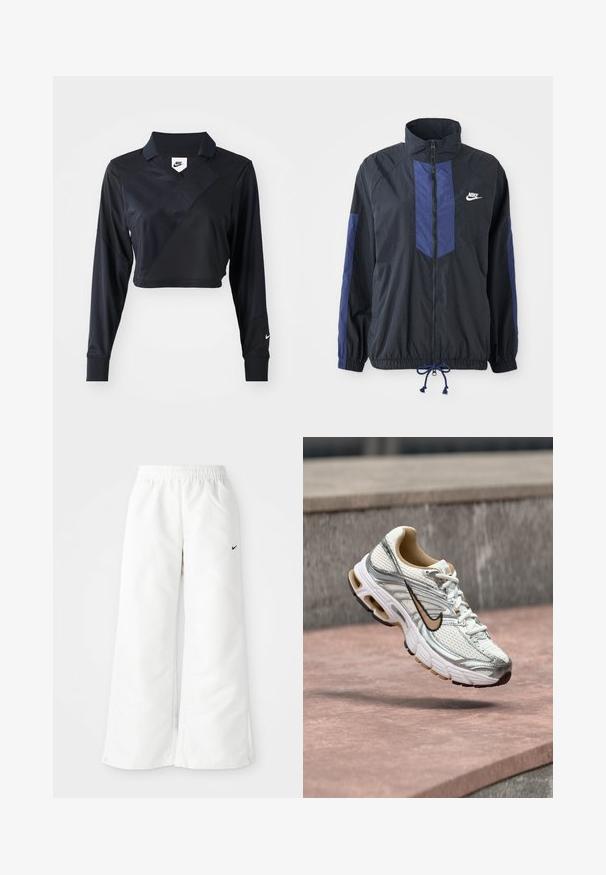 Schwarze Jacke mit marineblauen Akzenten, hohem Kragen, durchgehendem Reißverschluss, elastischen Bündchen und Kordelzugsaum. Nike-Logo auf der linken Brust. Leichtes Material.; Schwarzes langärmliges, cropped Polo-Shirt mit V-Ausschnitt, diagonaler Nahtgestaltung, glatter Textur und einem Nike-Logo auf dem Ärmel.; Weiße Sporthose mit weitem Bein, elastischem Bund und kleinem schwarzen Nike-Logo auf der linken Seite. Glattes, leichtes Material.; Weißer und silberner Nike Laufschuh mit beigem Swoosh-Logo, gezeigt schwebend über einer Steinoberfläche mit verschwommenem grauem Wandhintergrund.