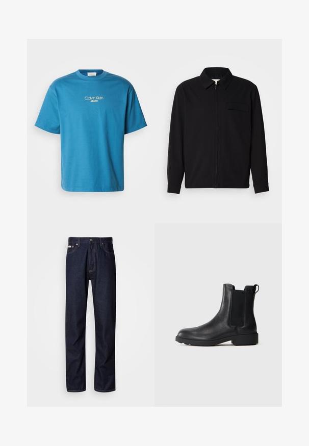 Schwarzes Langarmshirt mit Kragen, Frontreißverschluss und Brusttasche. Aus strukturiertem Stoff mit entspannter Passform.; Blaues Baumwoll-T-Shirt mit Rundhalsausschnitt und kurzen Ärmeln, mit dem in Gelb gestickten Logo "Calvin Klein JEANS" zentriert auf der Brust.; Dunkelblaue Denim-Jeans mit geradem Bein, ausgestattet mit einem Knopfverschluss, fünf Taschen und kontrastierenden Nähten.; Schwarze Leder-Stiefelette mit elastischen Seiteneinsätzen, Zugschlaufe an der Ferse und niedrigem Blockabsatz vor einem schlichten Hintergrund.