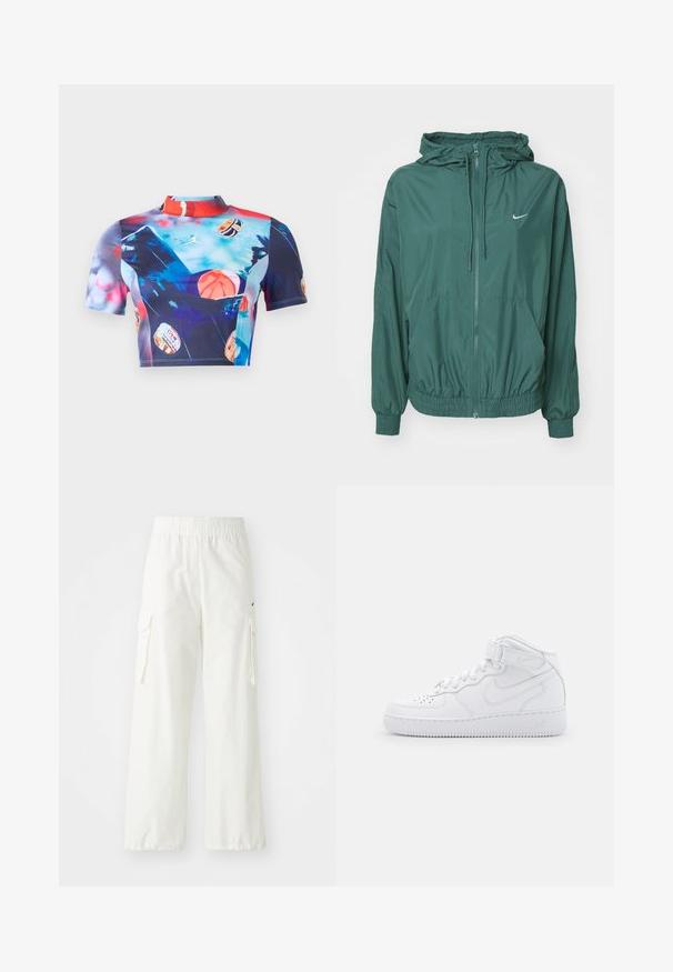 Nike Sportswear Trainingsvest - vintage green/white; Korte mouw cropped top van rekbare, gladde stof met een levendige meerkleurige print met basketbalmotieven en een ontwerp met hoge kraag.; Witte cargobroek met een wijde pijpdesign, voorzien van een elastische tailleband en zijzakken. Gelaagd materiaal met een gladde afwerking.; Witte hoge sneakers van leer met een gevoerde kraag, geperforeerde neus, veters en een verstelbare enkelband; logo op de zijkant.