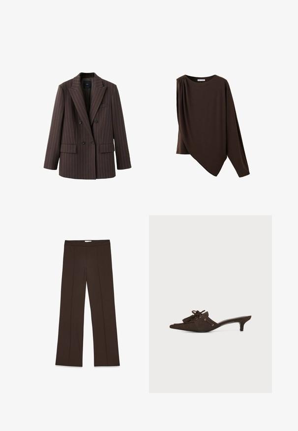 Blazer marrón de doble botonadura con rayas verticales, solapas anchas con muesca, dos bolsillos delanteros y textura de tela lisa.; Top asimétrico de manga larga en marrón oscuro, con escote redondo y detalle fruncido en un hombro.; Pantalones marrones de pierna ancha confeccionados en una tela suave; presentan pliegues frontales y una cinturilla estándar. Diseño minimalista sin cierre visible.; Zueco puntiagudo de ante marrón oscuro con tacón bajo de tipo kitten, borlas decorativas y detalle de encaje sobre fondo blanco.
