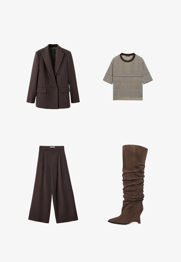 Brun dobbeltknappet blazer med lodrette nålestriber, brede hakkede revers, to forlommer og glat stofstruktur.; Kortærmet sort-hvid t-shirt med horisontale striber og sort rund halsudskæring, lagt fladt på en hvid baggrund.; Bukser med vidde i mørkebrun stof, med plisseringer, knaplukning og en glat tekstur; ankel-længde med et skræddersyet design.; Brune høje støvler i blødt stof med afslappet design, spids tå og kilehæl for ekstra højde.