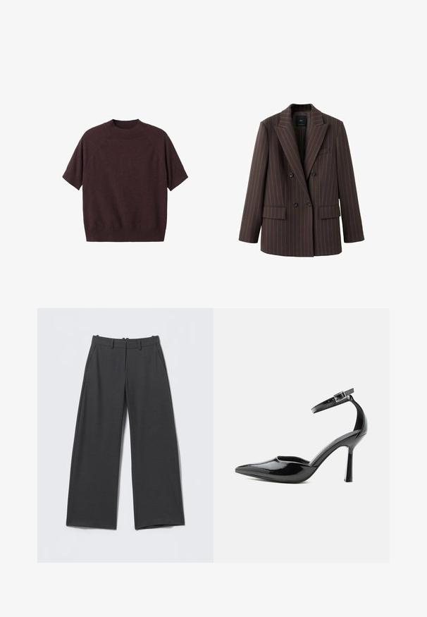 Brun dobbeltknappet blazer med lodrette nålestriber, brede hakkede revers, to forlommer og glat stofstruktur.; Kortærmet sweater i mørk burgundy strik. Har en ribbet rund hals og en afslappet pasform, med raglanærmer og en glat tekstur.; Mørkegrå bukser med vide ben og subtile lodrette striber, bæltestropper, sidelommer og lynlåslukning foran.; Sort laklæder spids tå høj hæl med ankelrem og sølvspænde, stiletthæl, sidevisning på ensfarvet baggrund.