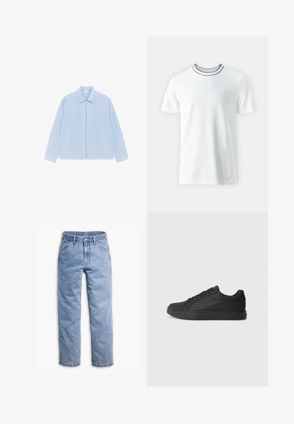 ARKET DRIZZLER - Overgangsjakke - white; Hvid t-shirt med kortærmer, der har en rund halsudskæring med marineblå kant og et lille broderet logo på brystet. Glat bomuldsstof.; Lyseblå straight-leg denimjeans med forreste knap- og lynlås, bæltestropper og skrå forlommer.; Sorte sneakers med et struktureret diamantmønster på den laterale side, med en rund tå, flad sål og snørebåndslukning.