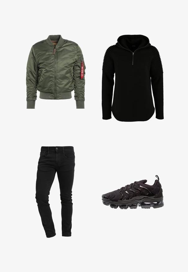Olijfgroene bomberjack, gewatteerd, met een ritssluiting aan de voorkant en geribde manchetten. Beschikt over een ritszak en een rood logo label op de linker mouw.; Zwarte hoodie met geribbelde details op de schouders, een halve rits aan de voorkant en een zachte, textuurachtige stof. Afgeronde zoom met lange mouwen.; Slim-fit zwarte jeans met voorzakken, riemlussen, knoopsluiting en lichte kreukels langs de benen.; Zwarte sportieve schoenen met een gestructureerde stoffen bovenkant, glanzende accenten en een opvallende luchtkussenzool. Bevat duidelijke golfachtige designelementen.