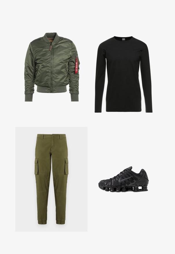 Olivegrüner Bomberjacke, gepolstert, mit einem Frontreißverschluss und gerippten Bündchen. Verfügt über eine Reißverschlusstasche und ein rotes Logo-Tag am linken Ärmel.; Urban Classics STRETCH TERRY - Langarmshirt - black; Olivgrüne Cargo-Hosen mit elastischen Bündchen, ausgestattet mit zwei seitlichen Cargo-Taschen, einem vorderen Knopfverschluss und einem glatten, leichten Stoff.; Schwarze Sportschuhe aus Mesh- und synthetischen Materialien mit einem markanten wellenförmigen Design, schwarzer Gummisohle und reflektierenden Akzenten.