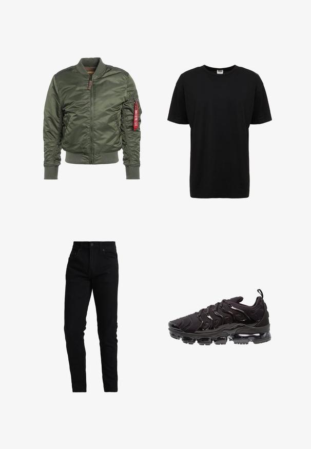 Olive roheline pommertagi, vooderdatud, ees tõmblukuga ja ribakäistega. Omab tõmblukuga taskut ja punast logo silti vasakul varrukal.; Must musta crew-neck t-särk lühikeste varrukatega, tavaline lõige, sile tekstuur ja nähtavate mustrite või detailideta.; Mustad denim püksid slim fit lõikega, keskmise kõrgusega vöökoht, viie tasku disain ja peened õmblusdetailid. Sile tekstuuriga kangas.; Mustad mustreejalanõud, millel on tekstureeritud kangast pealisosa, läikivad aksessuaarid ja silmapaistev õhkpadi. Omab eristuva lainelise disainiga elemente.