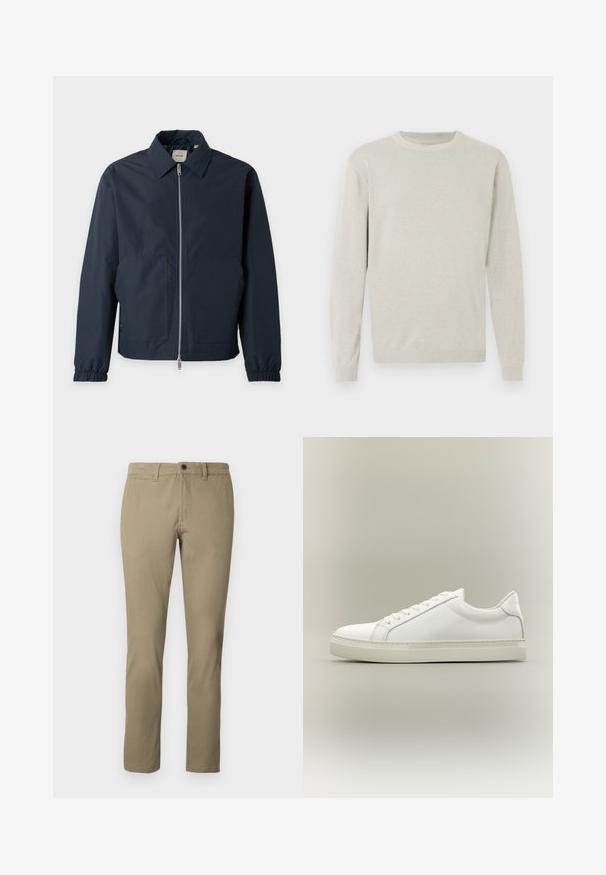 Veste légère bleu marine avec fermeture éclair à l'avant, col pointu, poignets élastiques et deux grandes poches avant.; Pull gris clair en maille douce, avec un col rond, des manches longues et des poignets et ourlet côtelés. Design simple et sans ornement.; Chinos kaki en mélange de coton, avec une coupe droite, une taille standard avec fermeture à bouton et des poches latérales.; Baskets blanches basses à lacets sur l’avant et semelle épaisse, vues de côté sur un fond neutre.