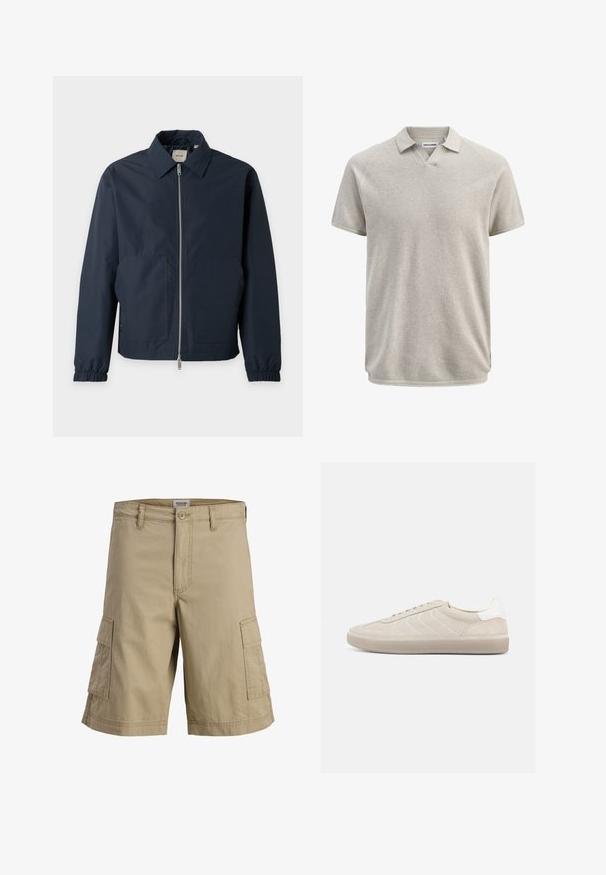 Veste légère bleu marine avec fermeture éclair à l'avant, col pointu, poignets élastiques et deux grandes poches avant.; Polo beige texturé à manches courtes avec col et légère ouverture en V, portant l'étiquette Jack & Jones.; Short cargo beige longueur genou avec fermeture à bouton et zip devant et deux poches latérales à rabat.; Baskets en daim beige avec une tige texturée, un contrefort de talon blanc lisse, de fines lacets et une semelle extérieure en caoutchouc. Présente un design bas profil.