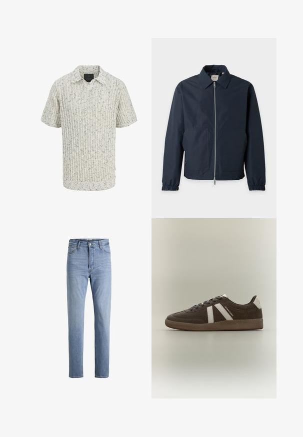 Veste légère bleu marine avec fermeture éclair à l'avant, col pointu, poignets élastiques et deux grandes poches avant.; Polo en maille à manches courtes couleur crème, motif moucheté et texture côtelée, petit col et ouverture en V.; Jean bleu clair à taille haute avec jambes droites, bouton à l'avant, fermeture éclair, passants pour ceinture, ainsi que poches avant et arrière.; Basket en daim marron avec des bandes blanches, un renfort de talon blanc, une semelle gomme et le texte "JACK & JONES" sur le côté, présentée de profil sur un fond uni.