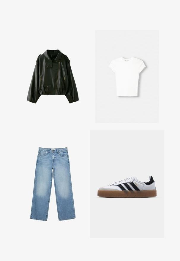 Veste courte biker en cuir noir avec fermeture éclair asymétrique, épaulettes, poches latérales zippées et petite poche à rabat avec fermeture pression.; T-shirt blanc à manches courtes en coton doux, avec un col rond et une coupe ajustée. Pas de motifs ni d'ornements visibles.; Jean denim bleu clair à jambes larges avec cinq poches et fermeture à boutons, présenté à plat sur fond blanc.; Baskets en cuir blanc avec des rayures noires, semelle extérieure en caoutchouc beige, bout rond, fermeture lacée et embout en suède gris doux.